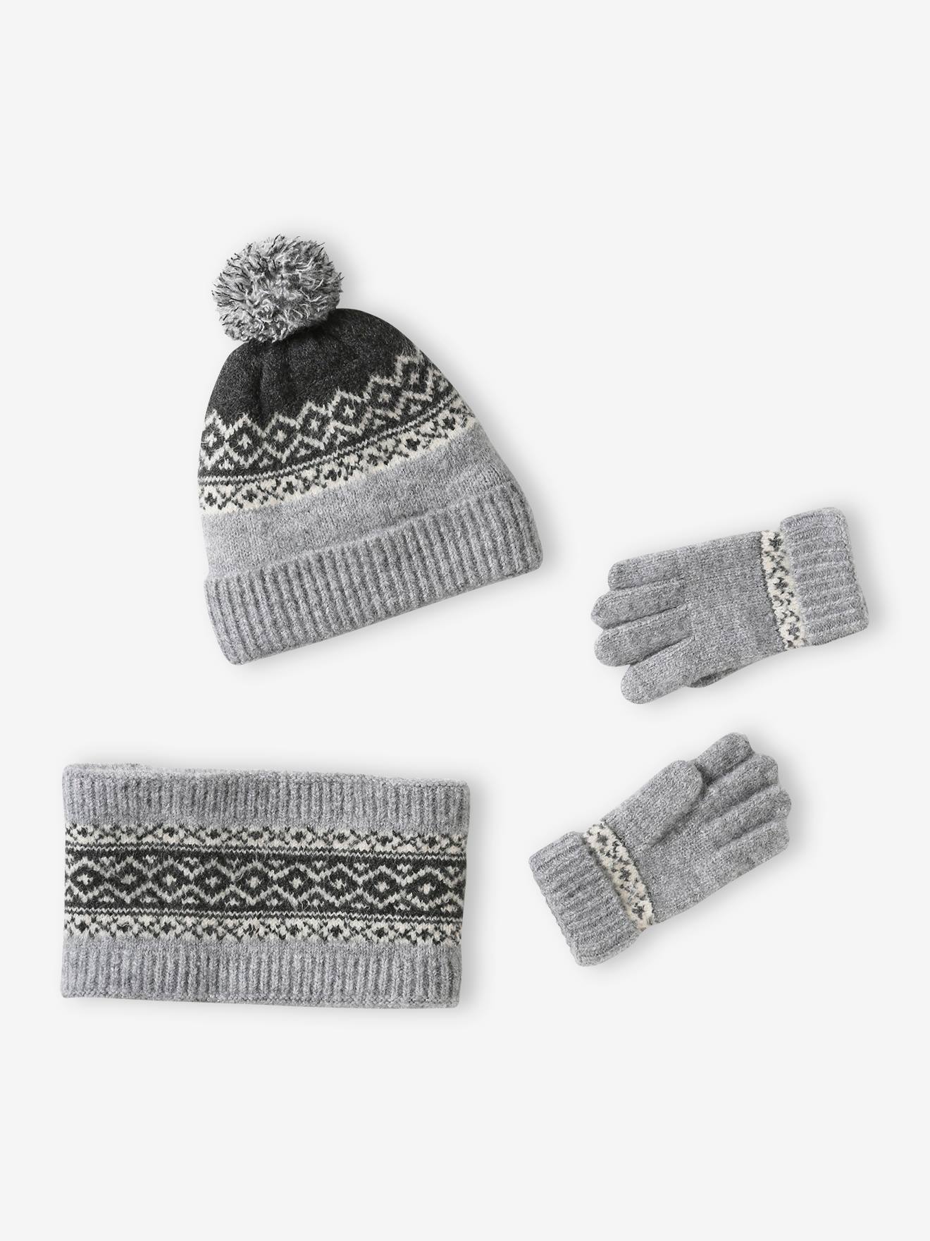 Ensemble bonnet + snood + gants ou moufles jacquard gris chiné