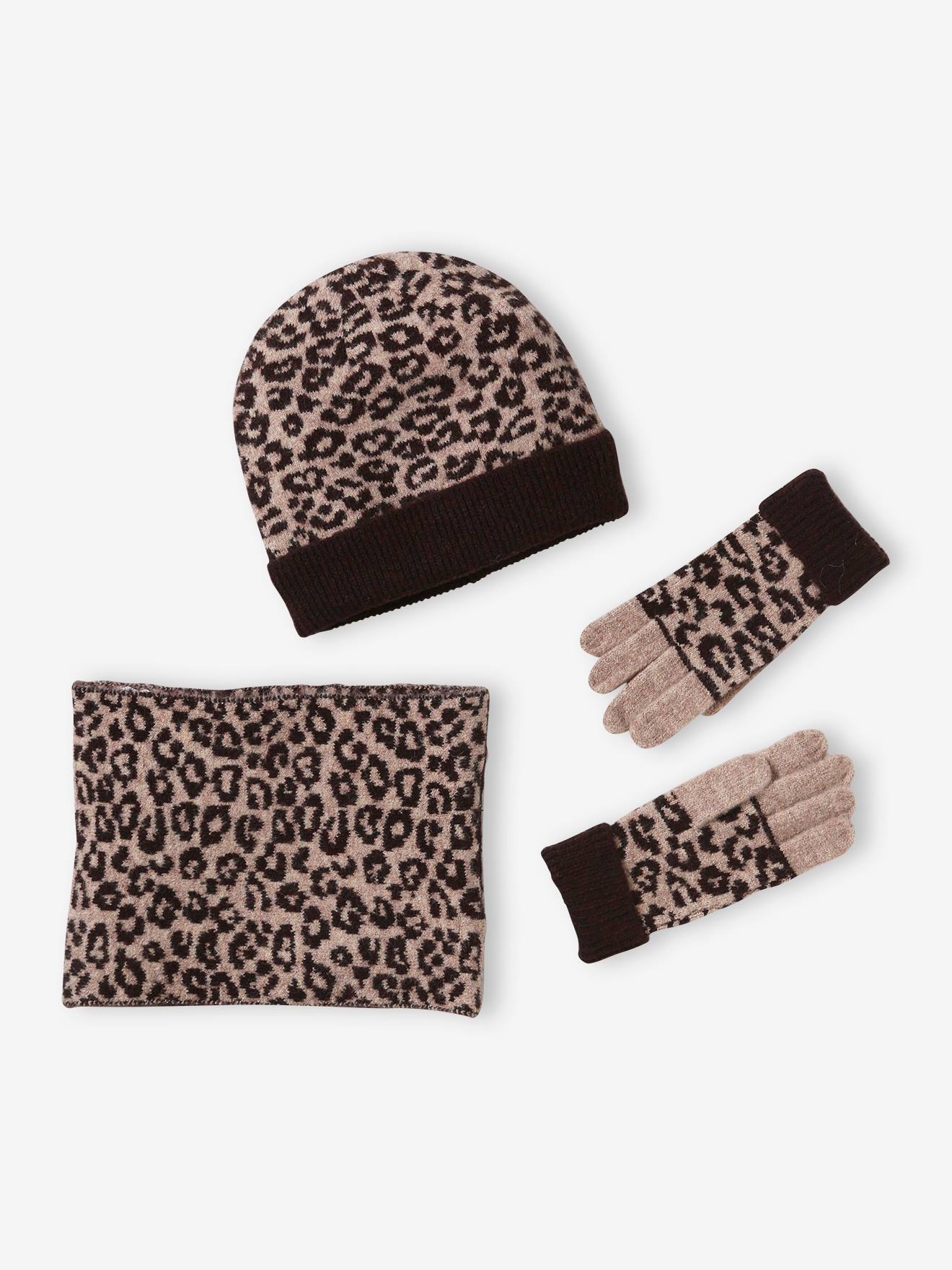 Ensemble fille léopard bonnet snood gants marron imprimé