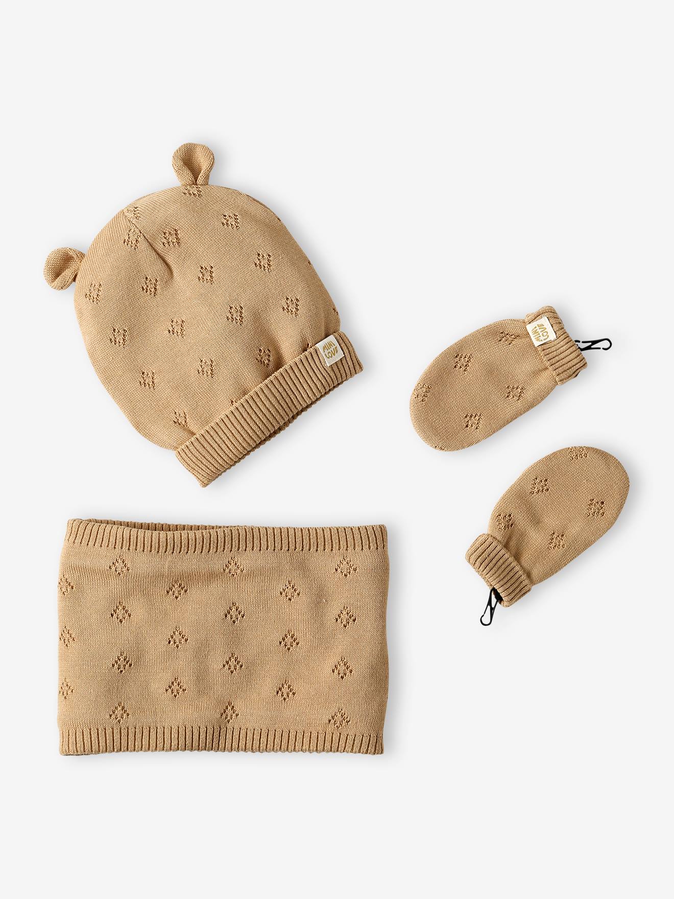 Ensemble bébé fille bonnet à oreilles + snood + moufles en maille ajourée beige chiné