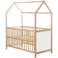 Chambre et rangement-ROBA Lit Cabane Bébé Évolutif 70x140 cm - Convertible en Lit Junior et en Banc - Hauteur Réglable - Bois Laqué Blanc / Naturel