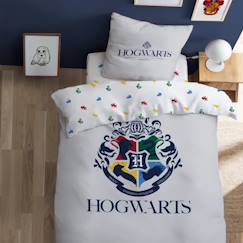 -Housse de couette et taie d'oreiller 100% coton BIO - Harry Potter Hogwarts Pride - 140x200 cm - Blanc