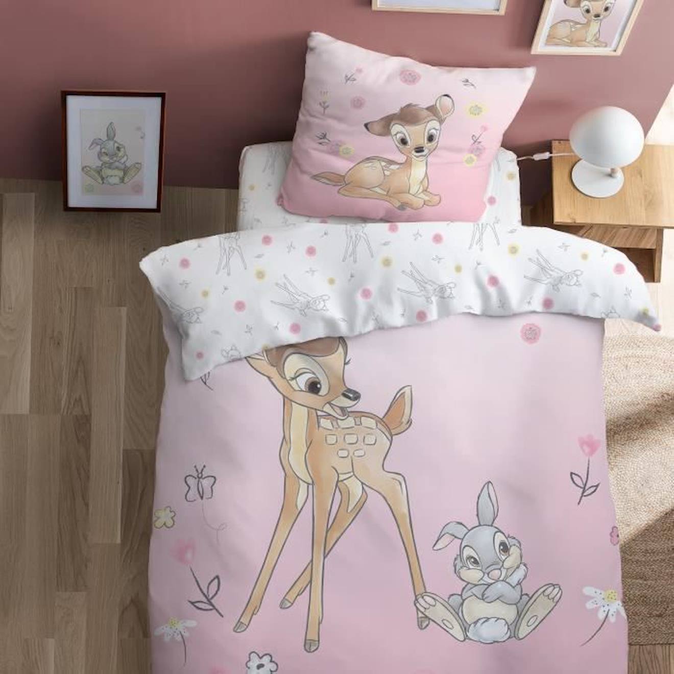 Disney - Parure De Lit Enfant Imprimée 100% Coton - Disney Home Bambi Flowers - 140x200 Cm Rose