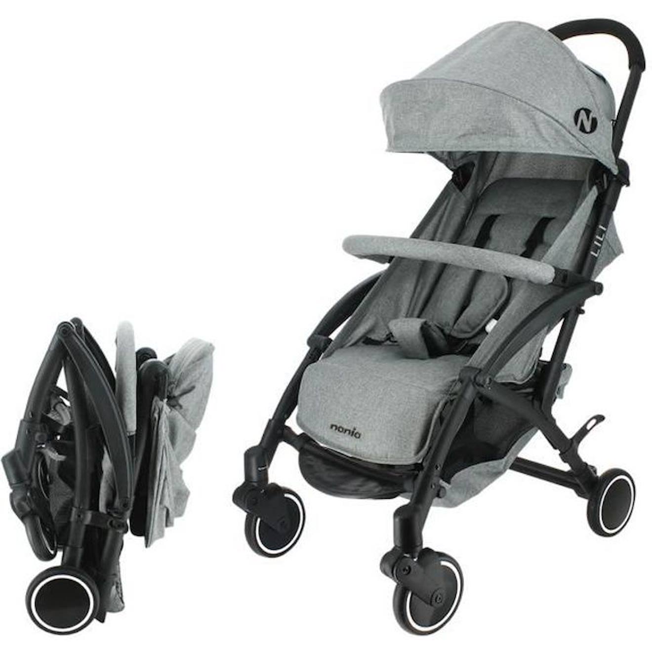 NANIA Poussette compacte Lili 0 36 mois Jusqu a 15kg Dossier inclinable Roues pivotantes a suspensions Gris gris Nania