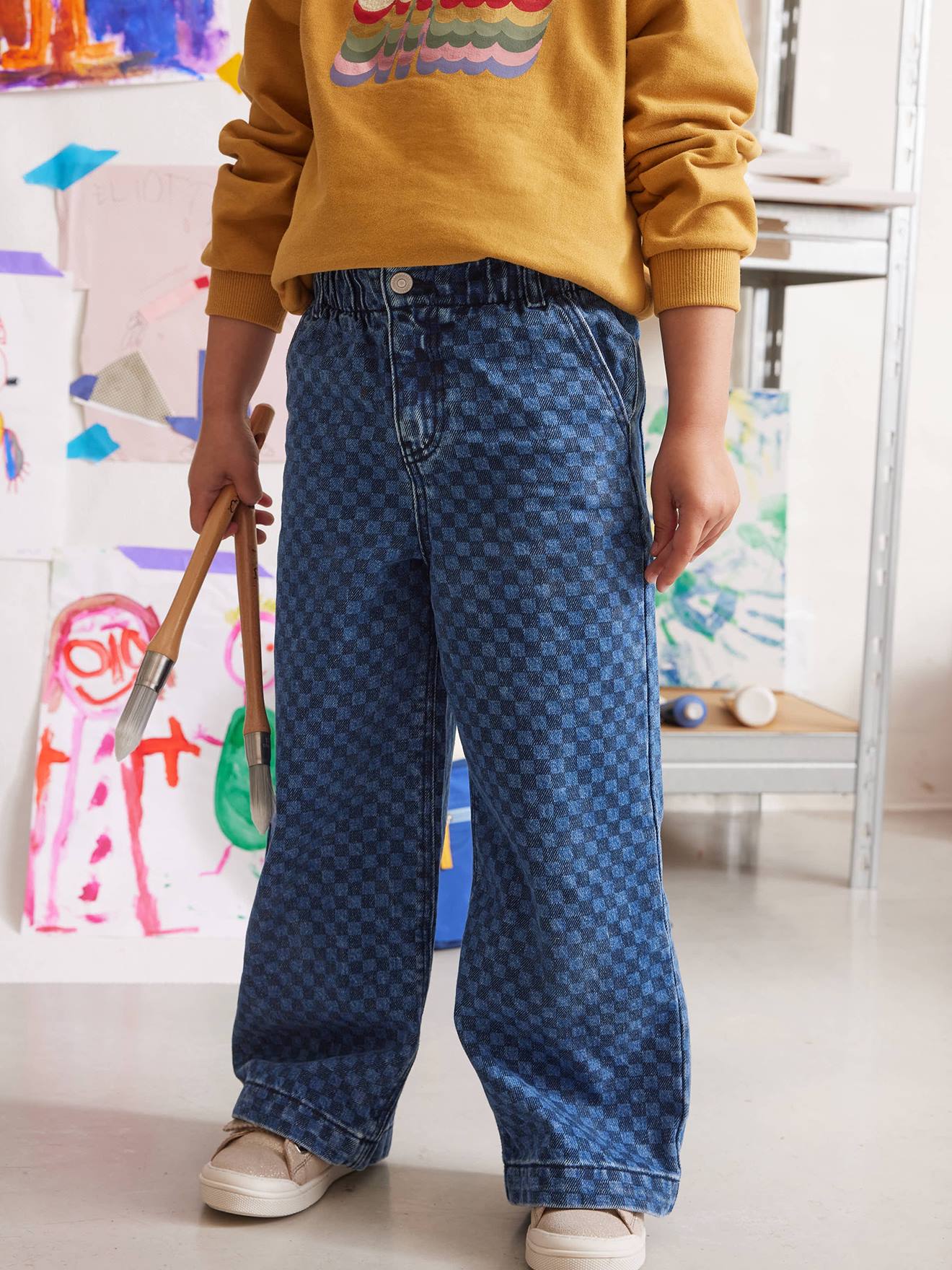Jean large motifs fantaisie fille bleu foncé