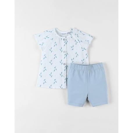 Bébé-Ensemble blouse brodé fleuri + short écru/bleu ciel