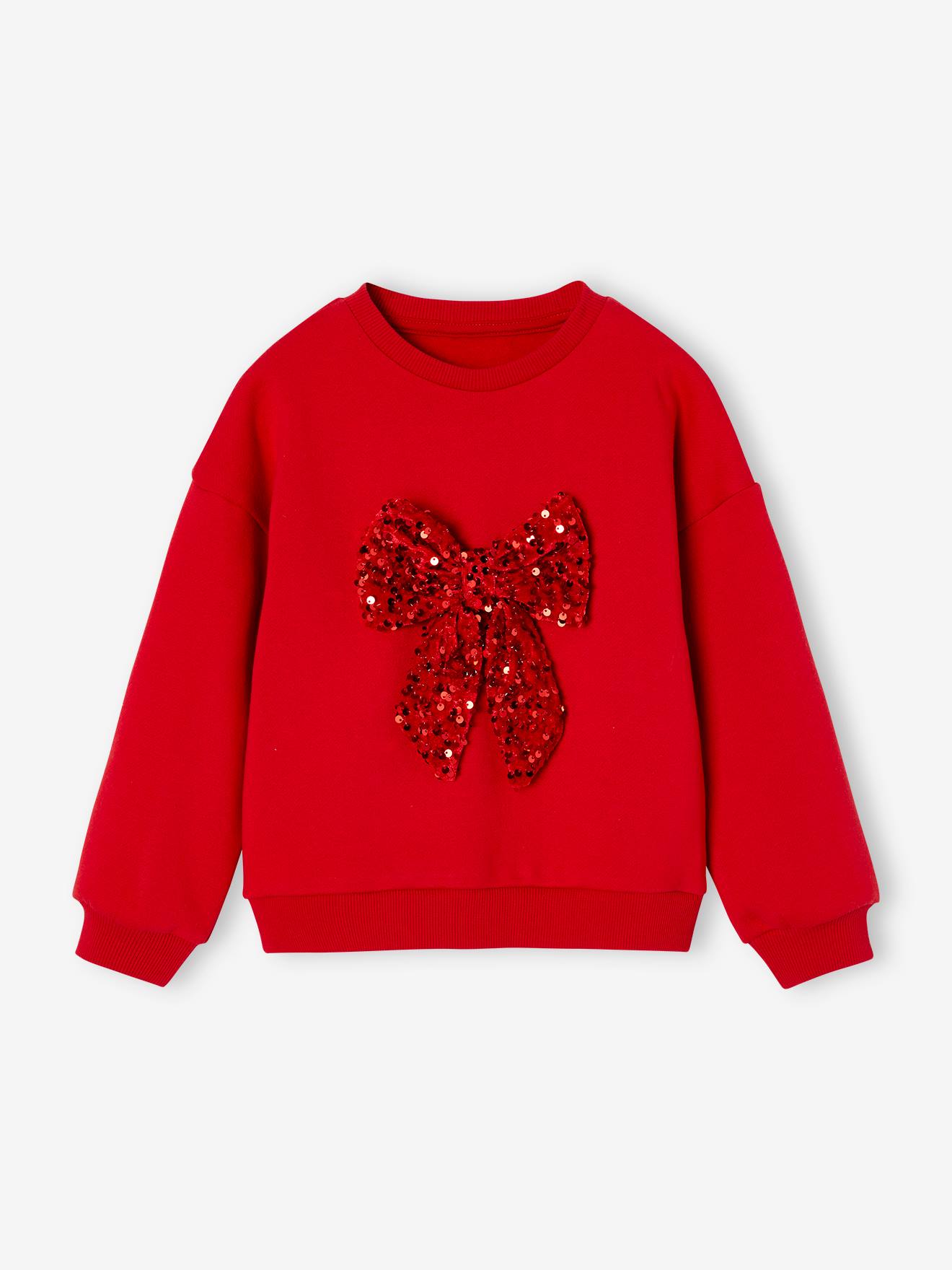 Sweat de Noël noeud en sequins fille rouge