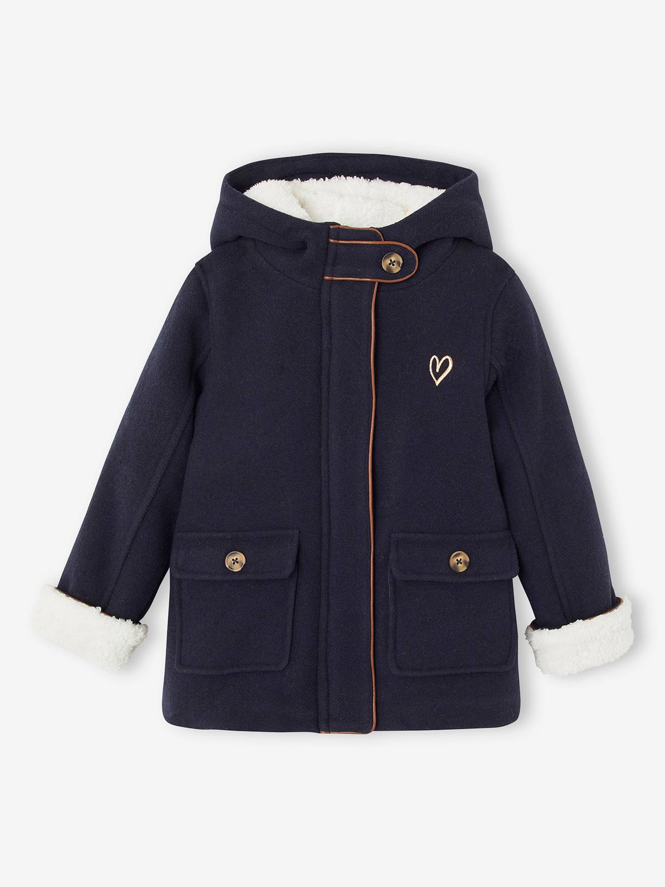 Manteau à capuche en drap de laine fille doublé sherpa marine