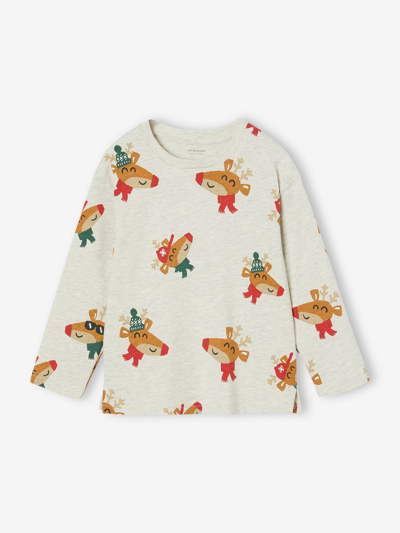 T-shirt Noël motifs ludiques rennes garçon blanc chiné