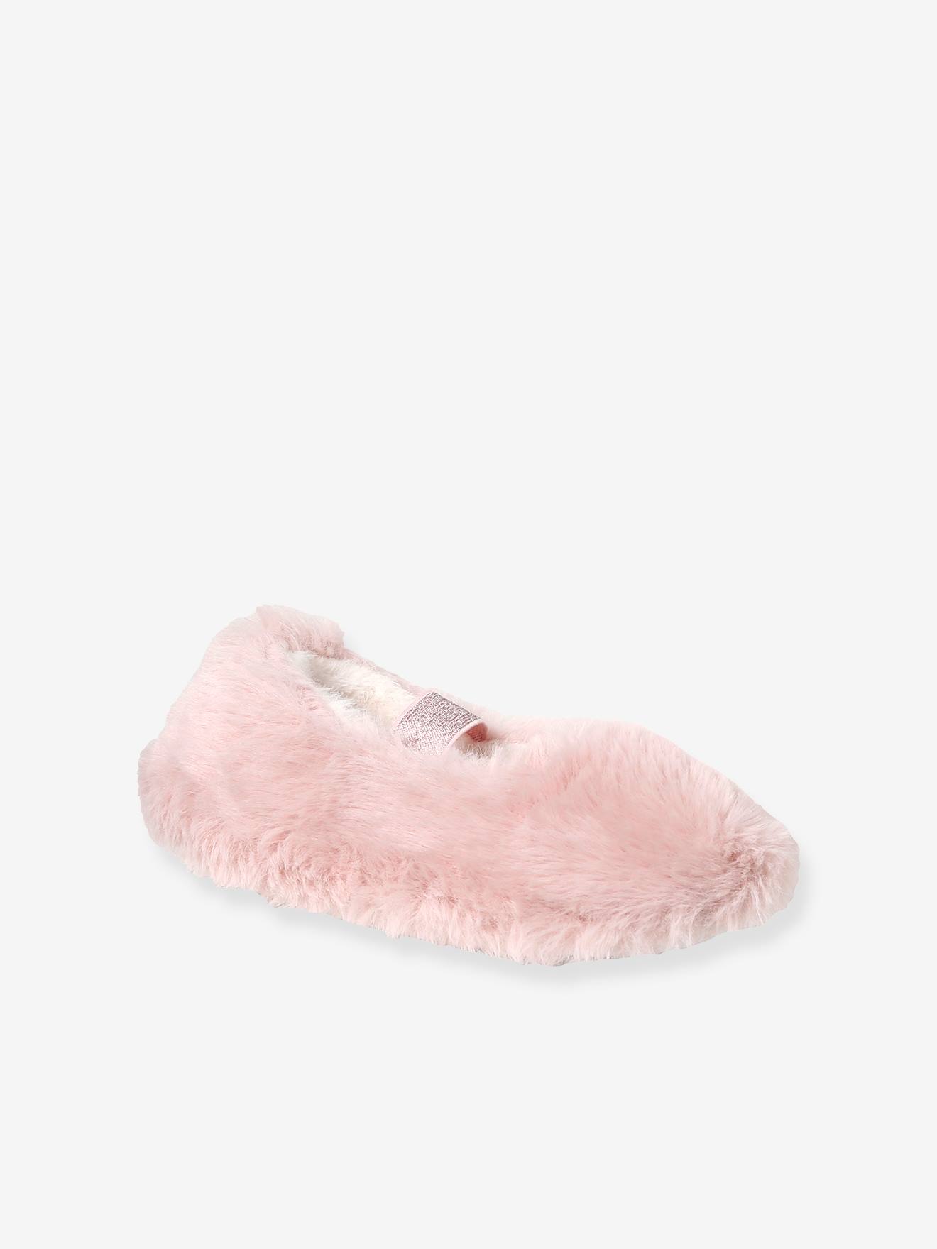 Chaussons ballerines esprit peluche élastiqués fille rose