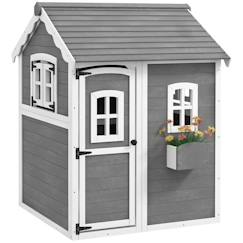 Jouet-Jeux de plein air-Cabane enfant extérieur Outsunny maison enfant extérieure, avec porte, fenêtres, bac à plantes, plancher - en bois gris