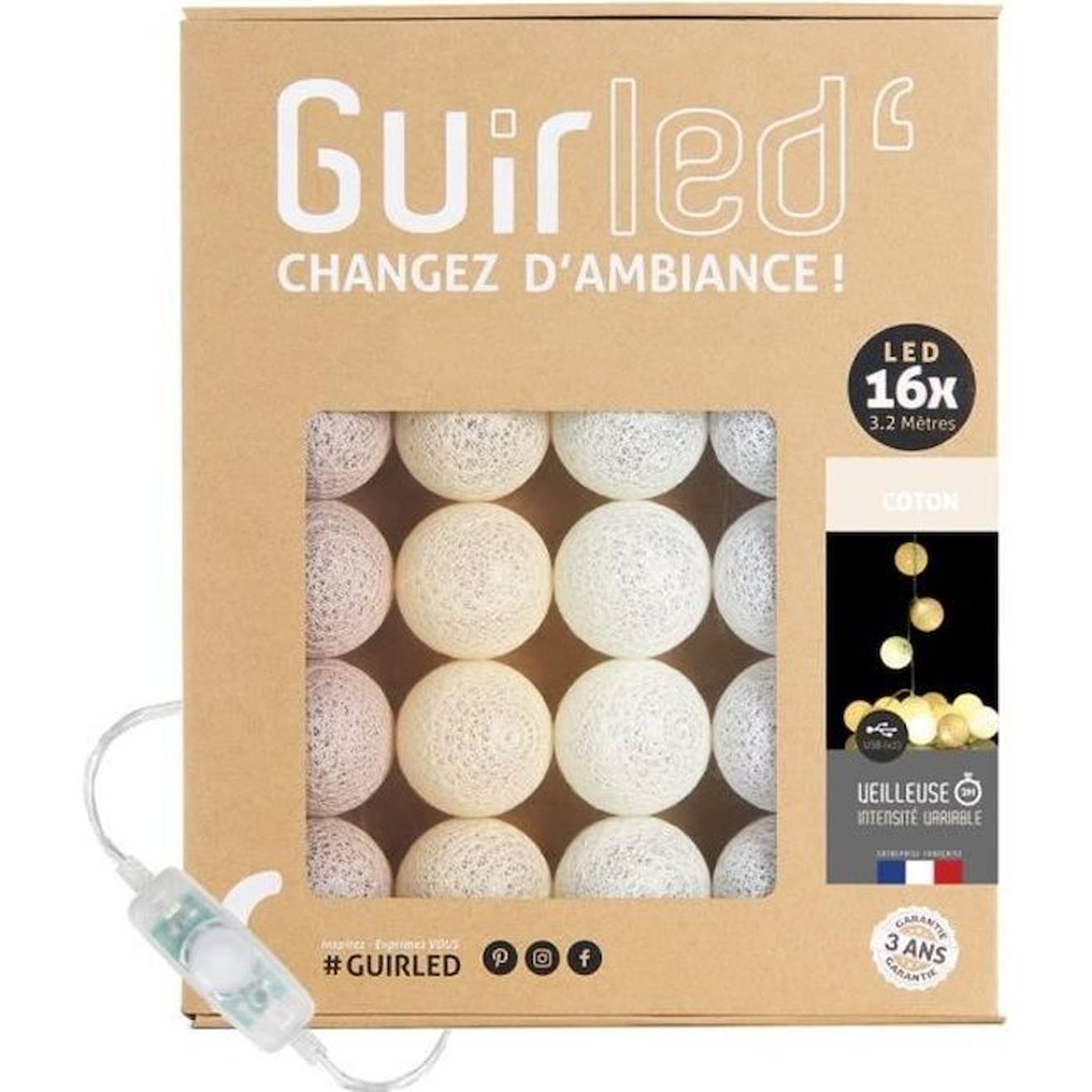 Guirlande Lumineuse Boules Coton Led Usb - Veilleuse Bébé 2h - 3 Intensités - 16 Boules 1,6m - Coton Beige