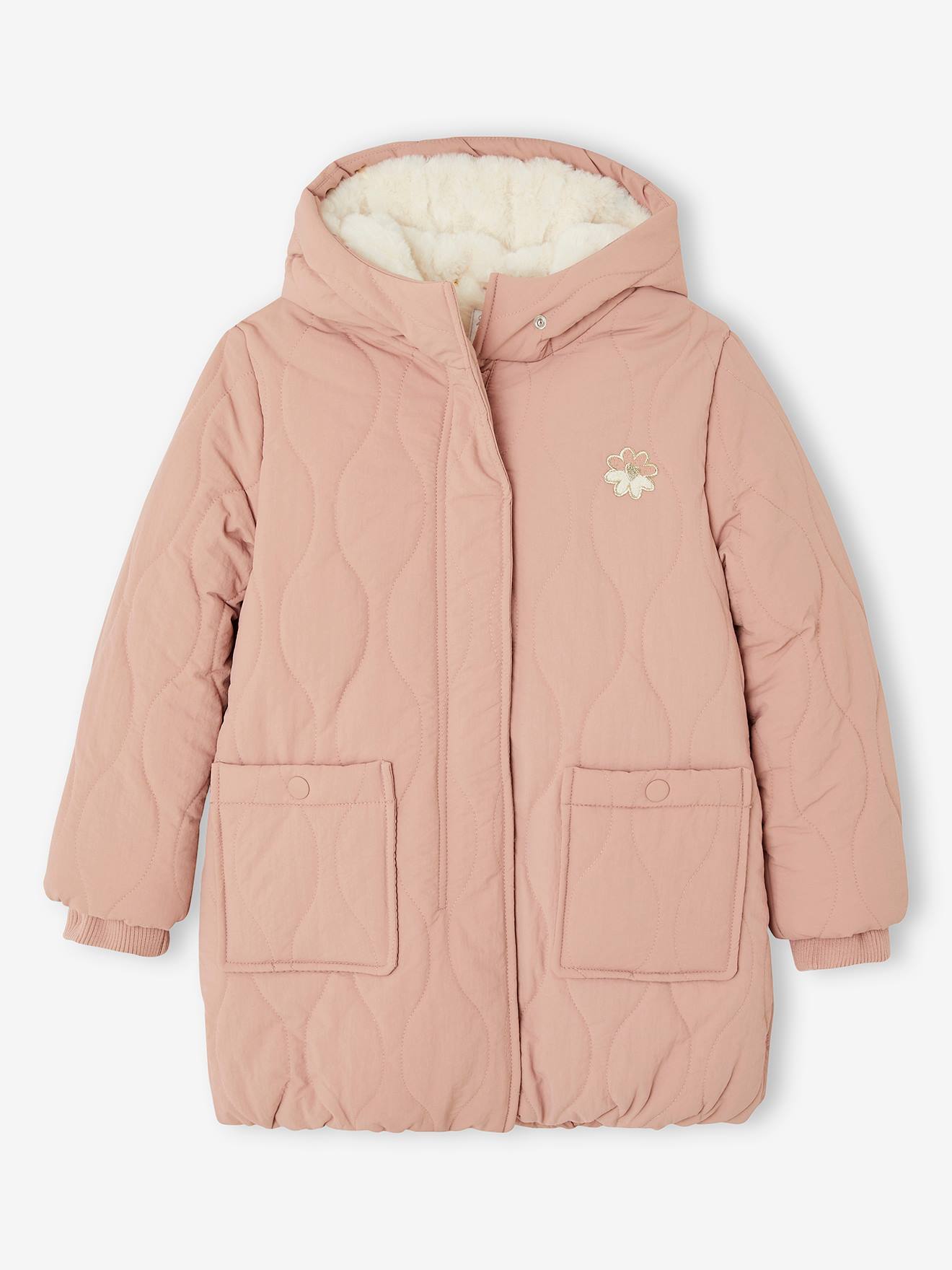Doudoune longue à capuche fille doublée fausse fourrure rose poudré