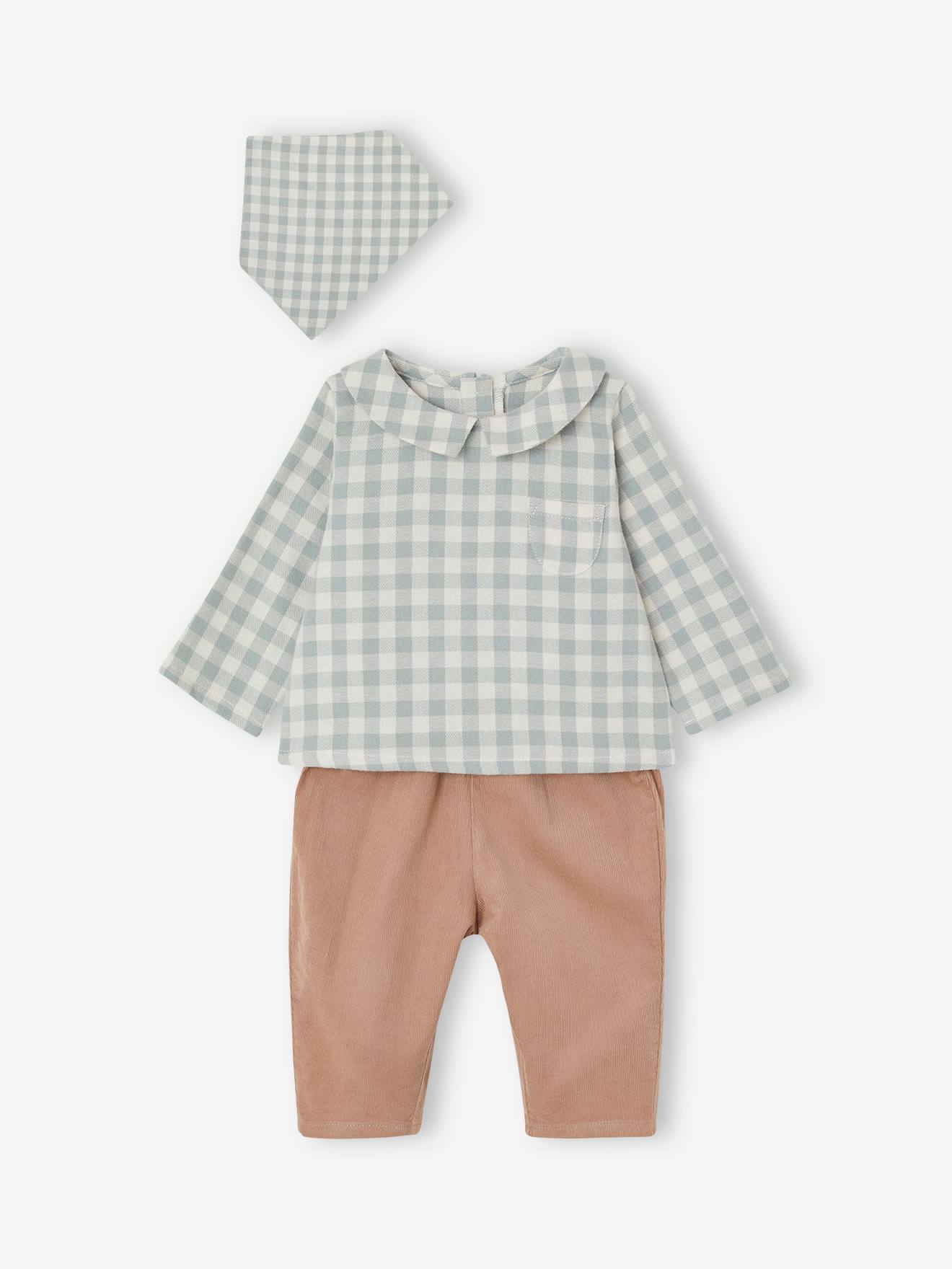Ensemble bébé chemise body + pantalon velours + bandana vert sauge