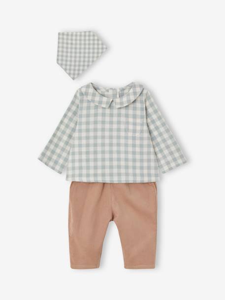 Vertbaudet - Ensemble bébé chemise body + pantalon velours + bandana vert sauge