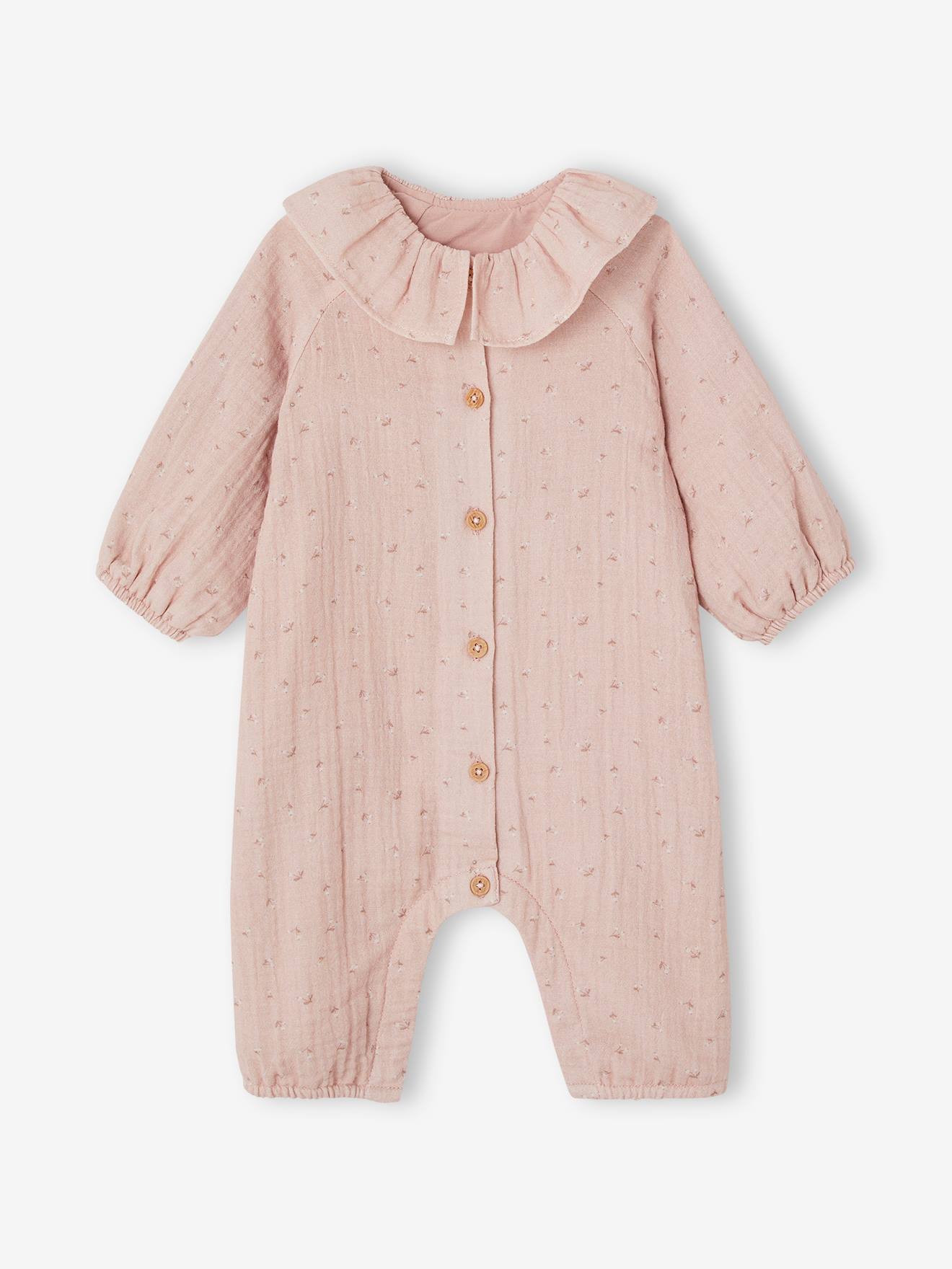 Combinaison en gaze de coton imprimée bébé rose pâle