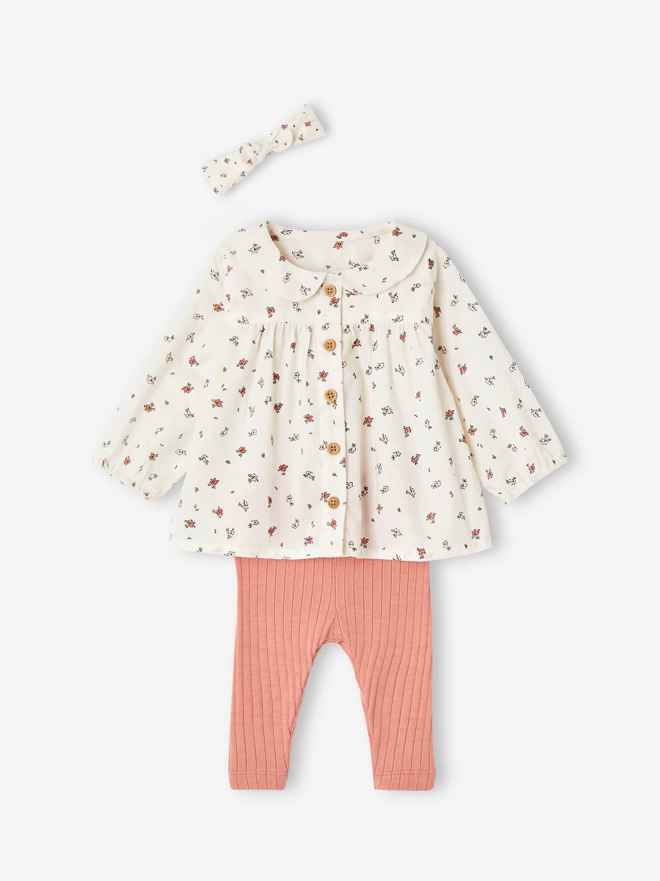 Ensemble 3 pièces bébé blouse, legging et bandeau rose