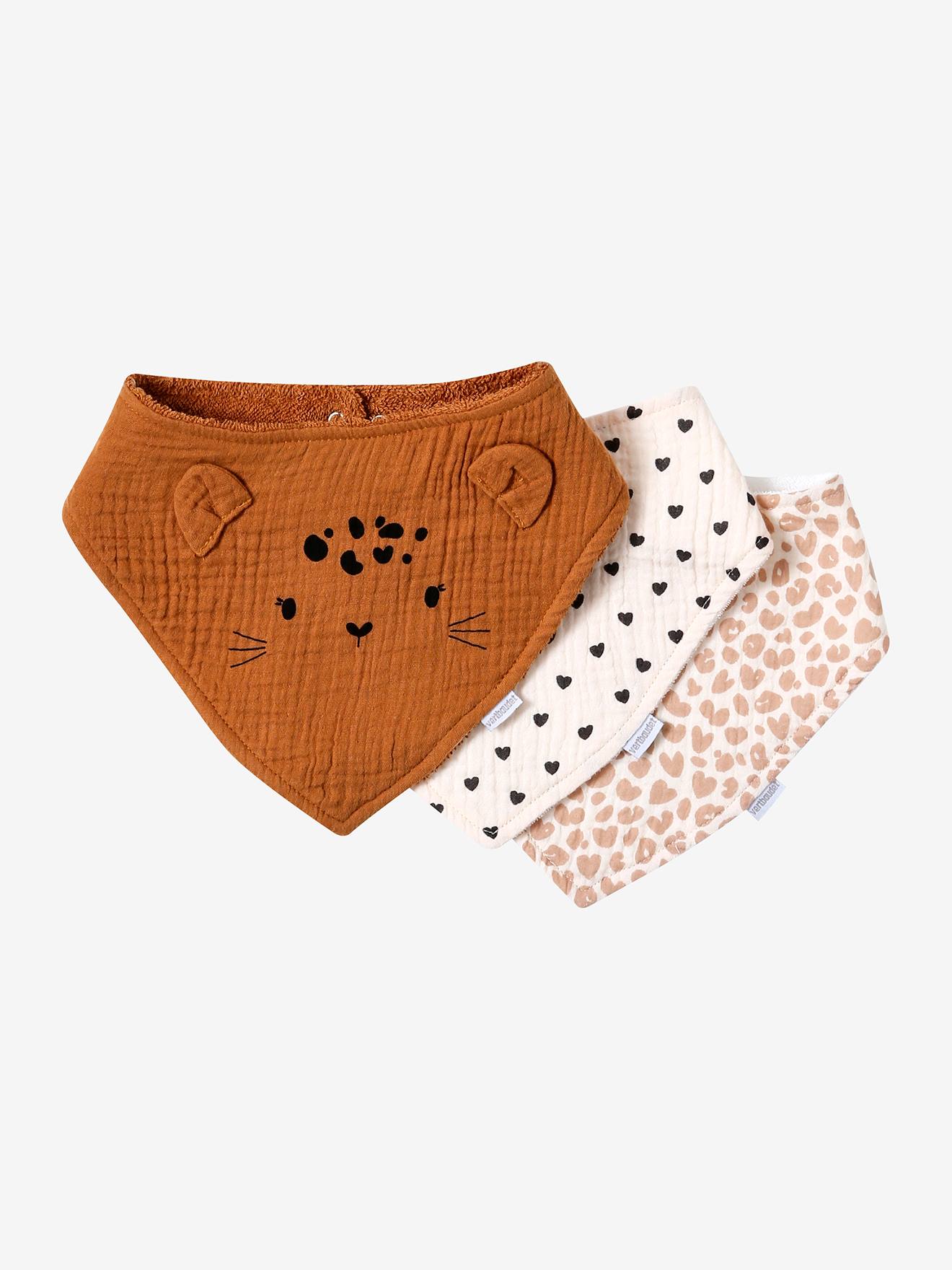 Lot de 3 bavoirs bandanas en gaze de coton / éponge lovely leo