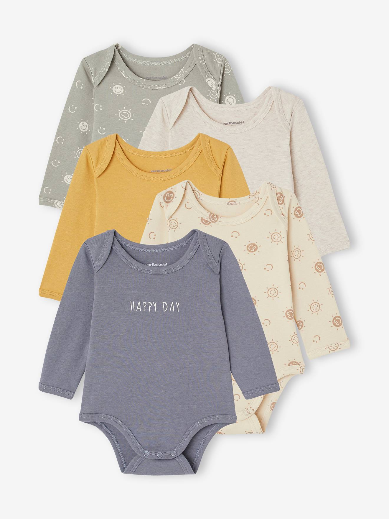 Lot 5 bodies manches longues bébé ouverture US en coton bio bleu