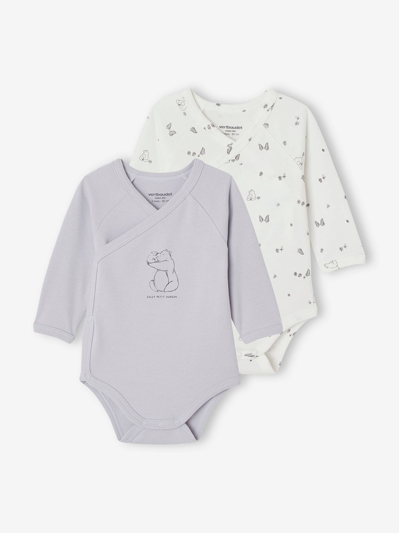 Lot 2 bodies manches longues bébé ouverture naissance en coton bio bleu pâle