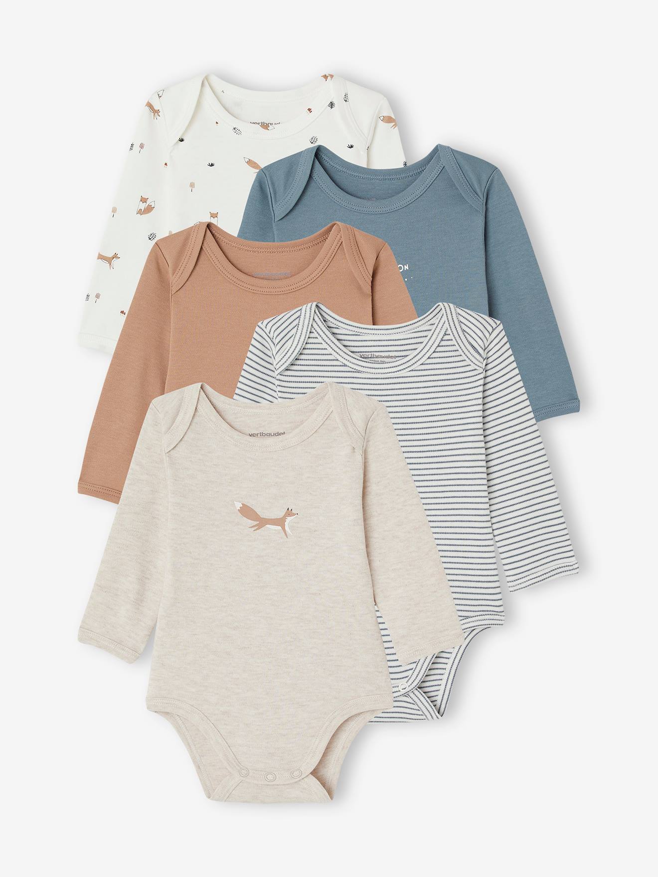 Lot 5 bodies manches longues bébé emmanchure US en coton bio beige chiné
