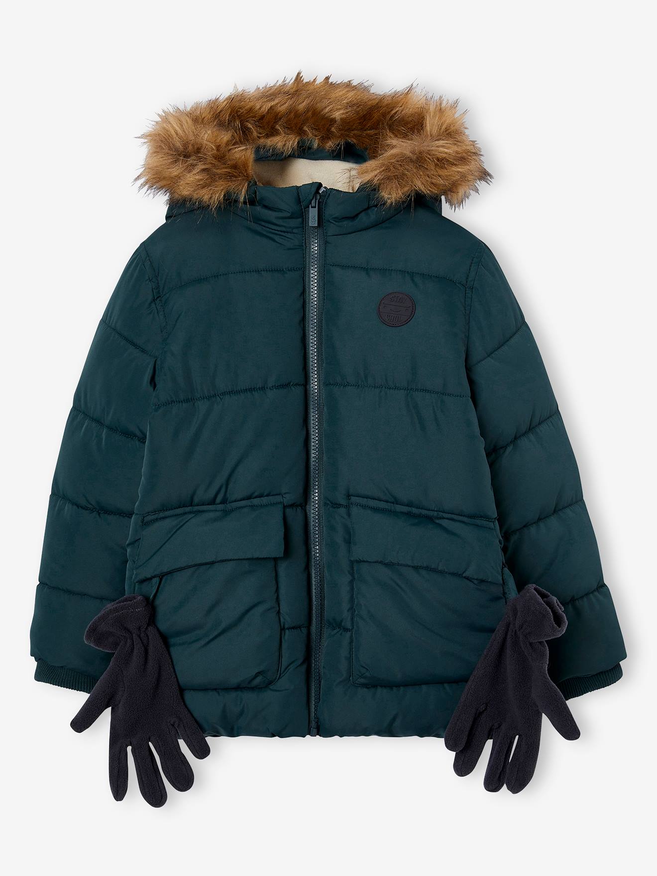 Doudoune à capuche doublée polaire avec gants ou moufles garçon vert sapin