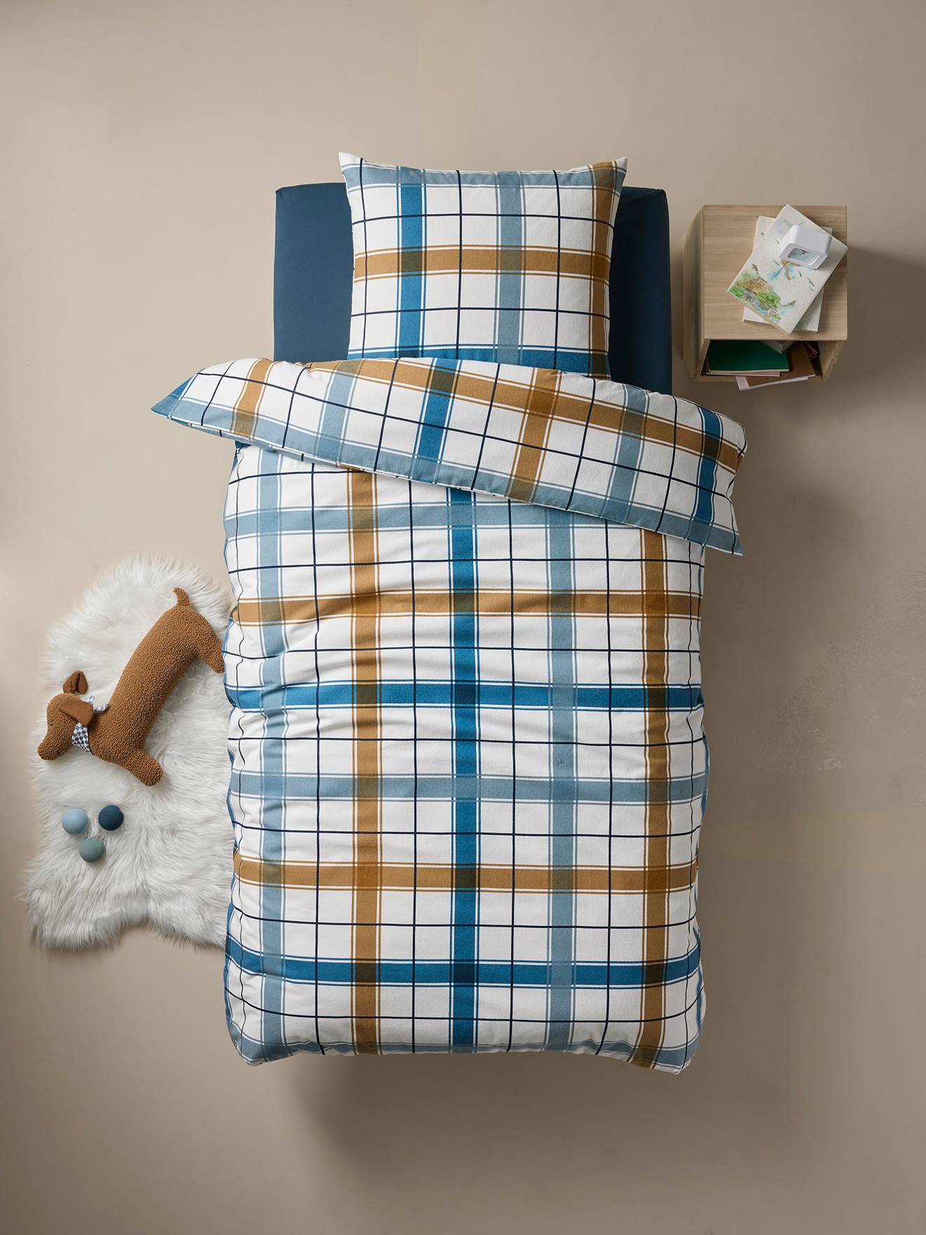Parure housse de couette + taie d'oreiller enfant en flanelle RETRO WINTER, avec coton recyclé rayé marine