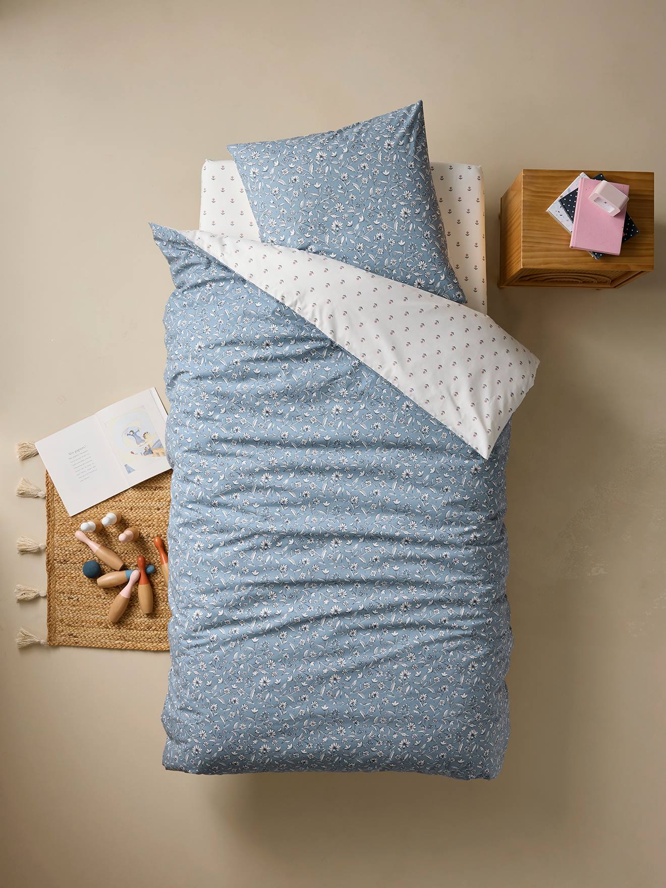 Parure housse de couette + taie d'oreiller enfant INDIA BLUE, réversible avec coton recyclé bleu imprimé