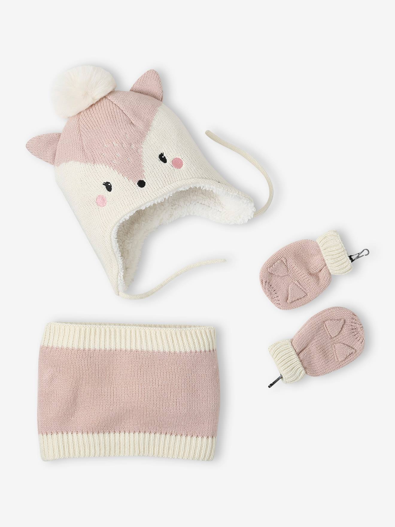 Ensemble bonnet + snood + moufles Chatounette bébé fille rose pâle
