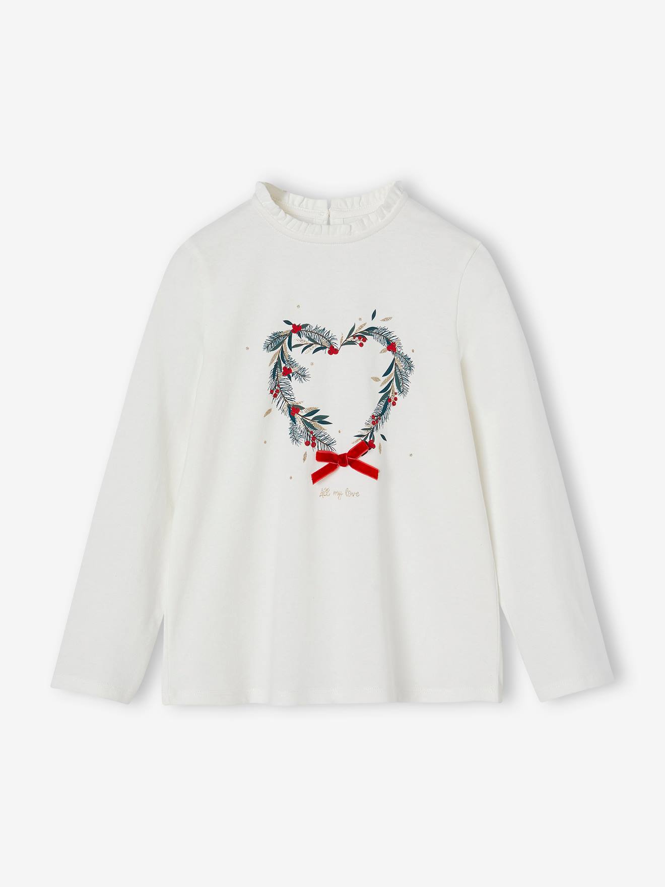 T-shirt de Noël couronne coeur détails pailletés fille écru
