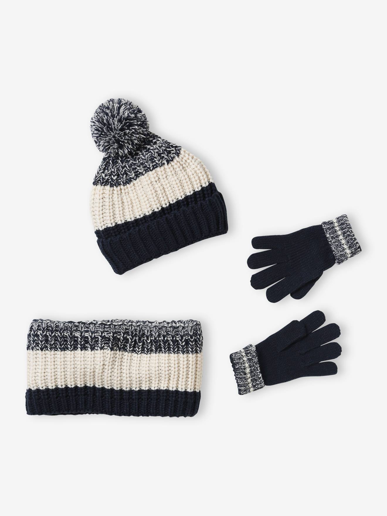 Ensemble colorblock bonnet + snood + gants garçon bleu nuit