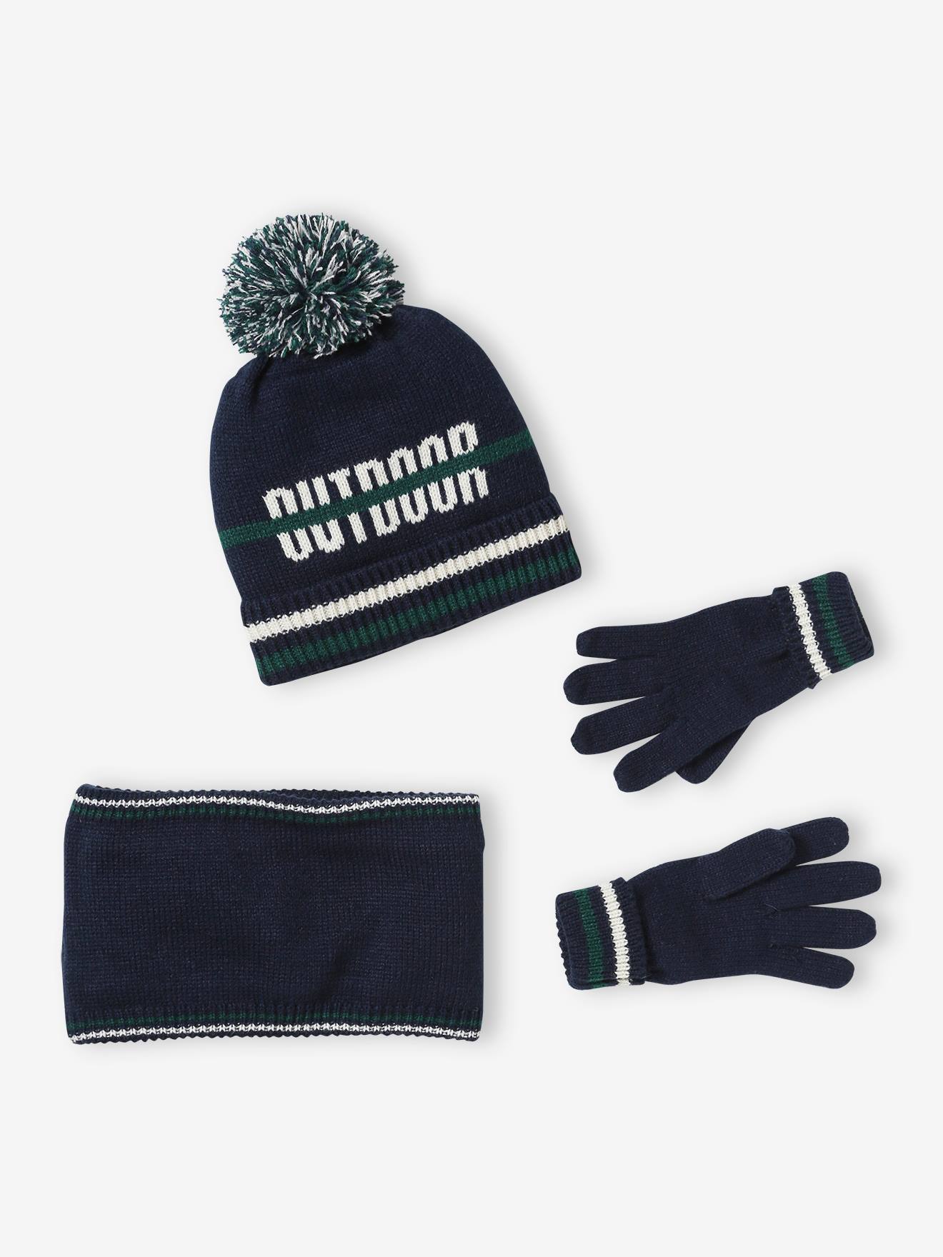 Ensemble bonnet + snood + gants Garçon marine