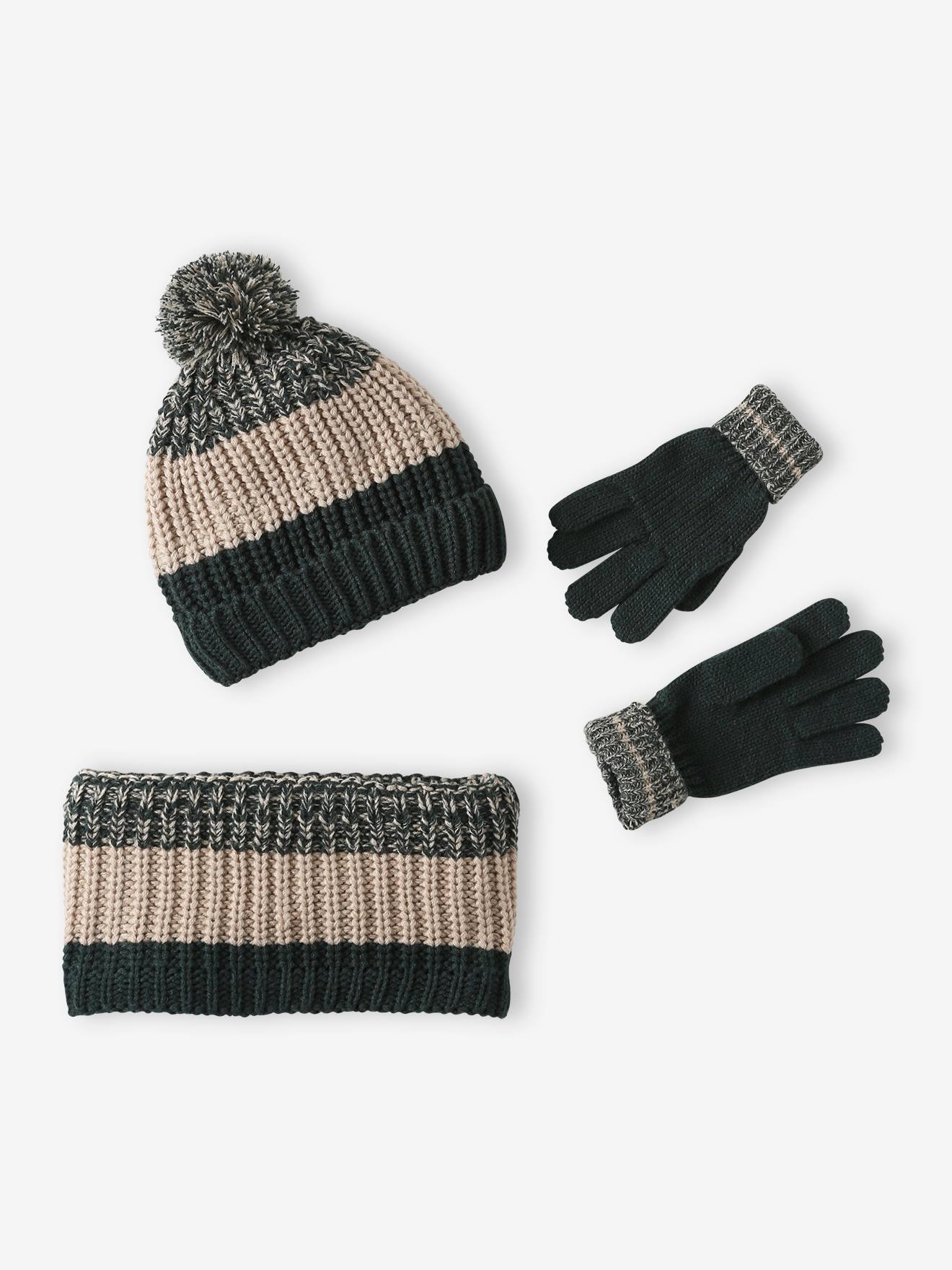 Ensemble colorblock bonnet + snood + gants garçon vert sapin