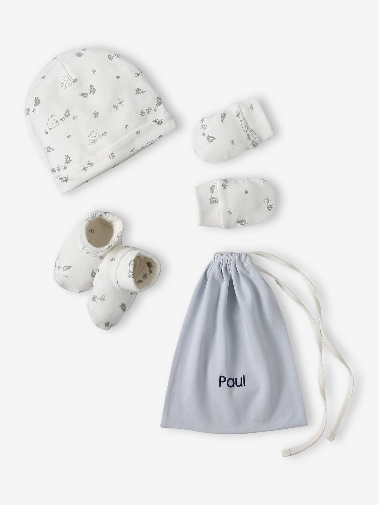 Ensemble naissance ours bonnet + moufles + chaussons + pochon personnalisable bleu pâle