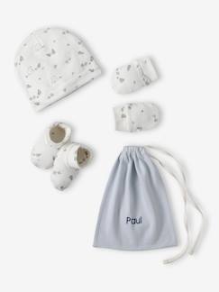 -Ensemble naissance ours bonnet + moufles + chaussons + pochon personnalisable