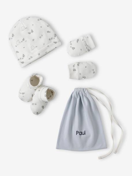 Vertbaudet - Ensemble naissance ours bonnet + moufles + chaussons + pochon personnalisable bleu pâle