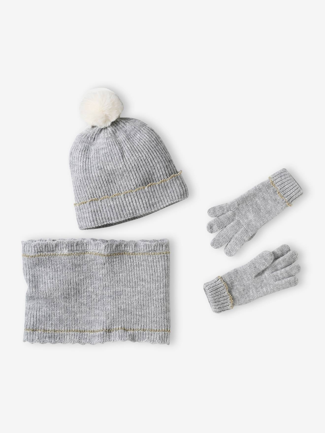 Ensemble bonnet snood gants/mitaines Fille gris chiné