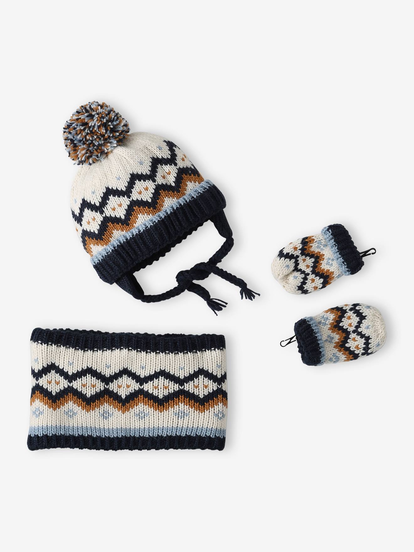 Ensemble bébé fille bonnet à oreilles + snood + moufles jacquard marine