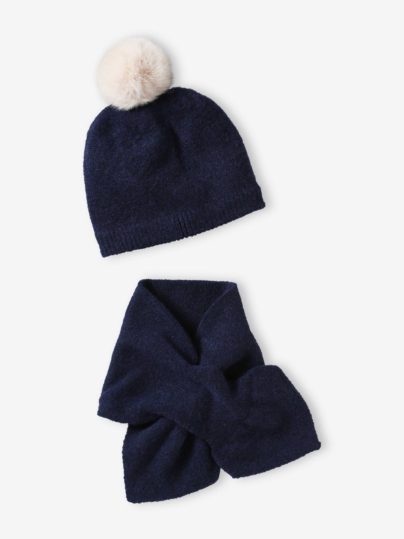 Ensemble bonnet à pompon + écharpe fille en maille mousseuse marine