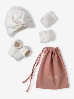 -Ensemble naissance fille bonnet + moufles + chaussons + pochon personnalisable