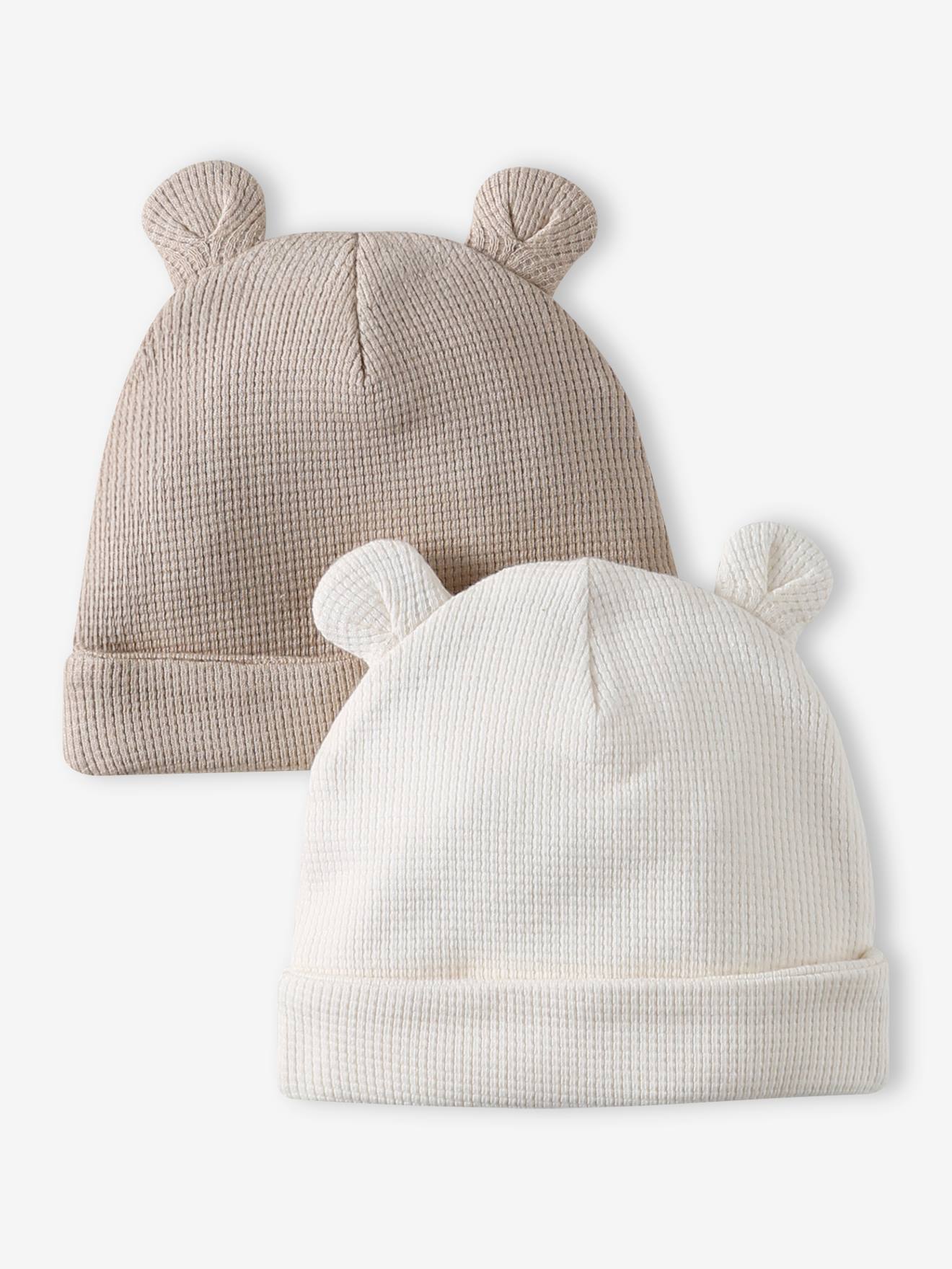 Lot de 2 bonnets naissance en coton écru