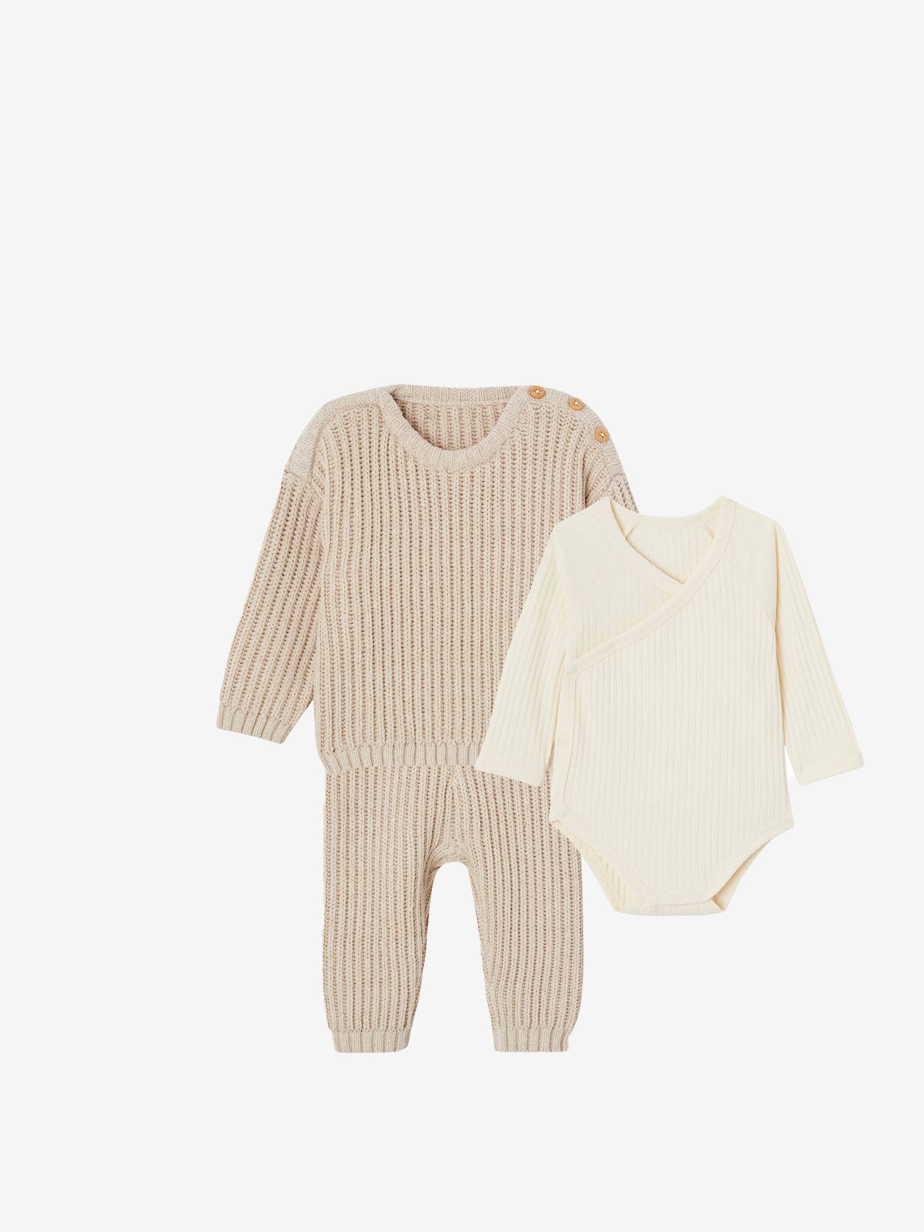 Ensemble 3 pièces mixte bébé naissance beige chiné