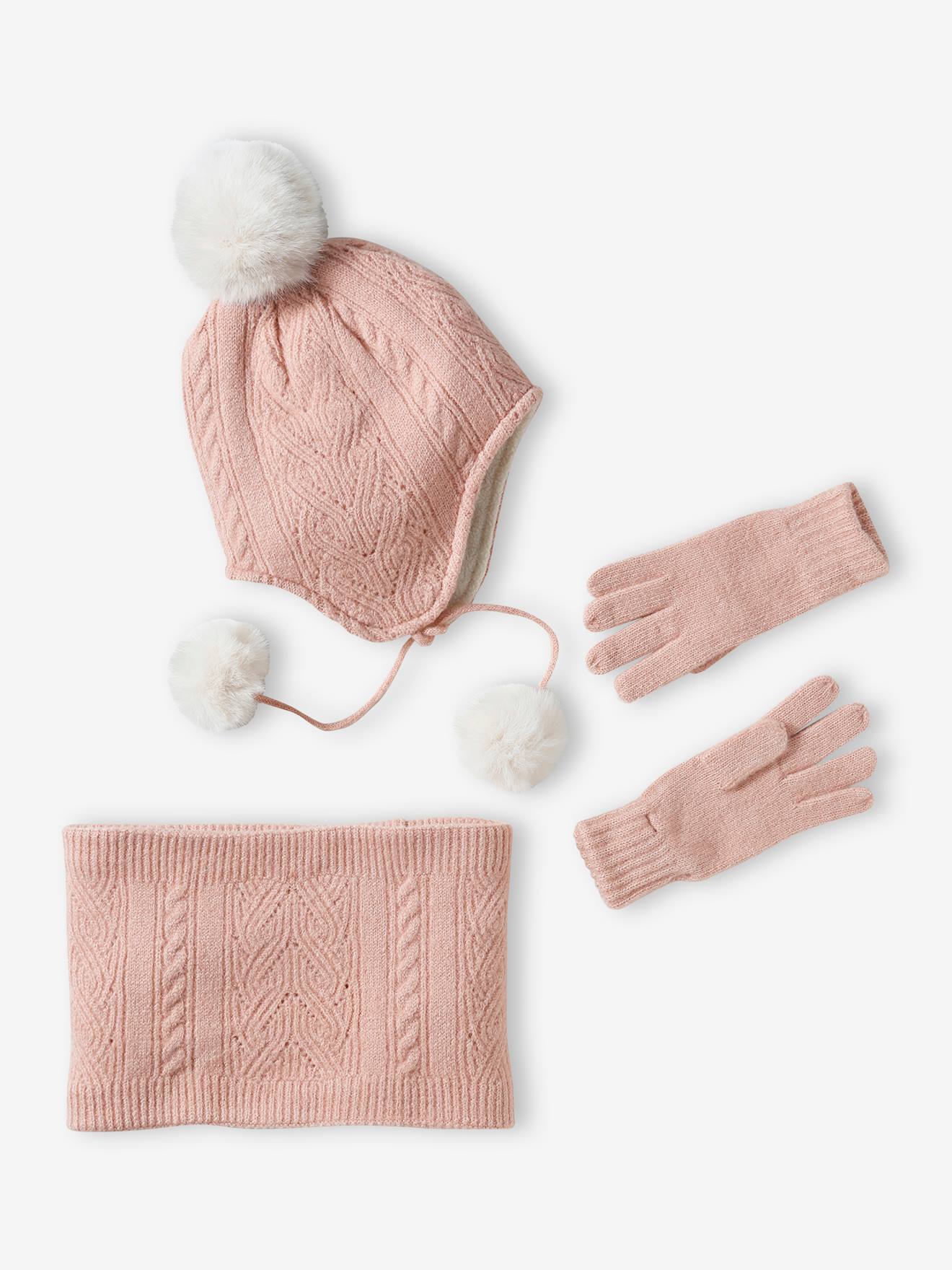 Ensemble bonnet + snood + gants en maille rose poudré