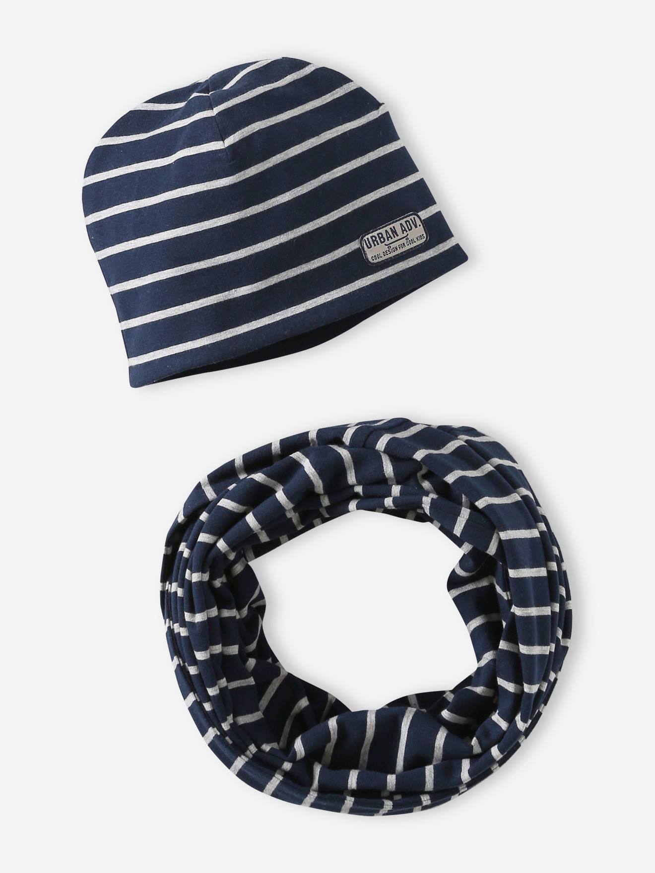 Ensemble rayé garçon bonnet + snood marine