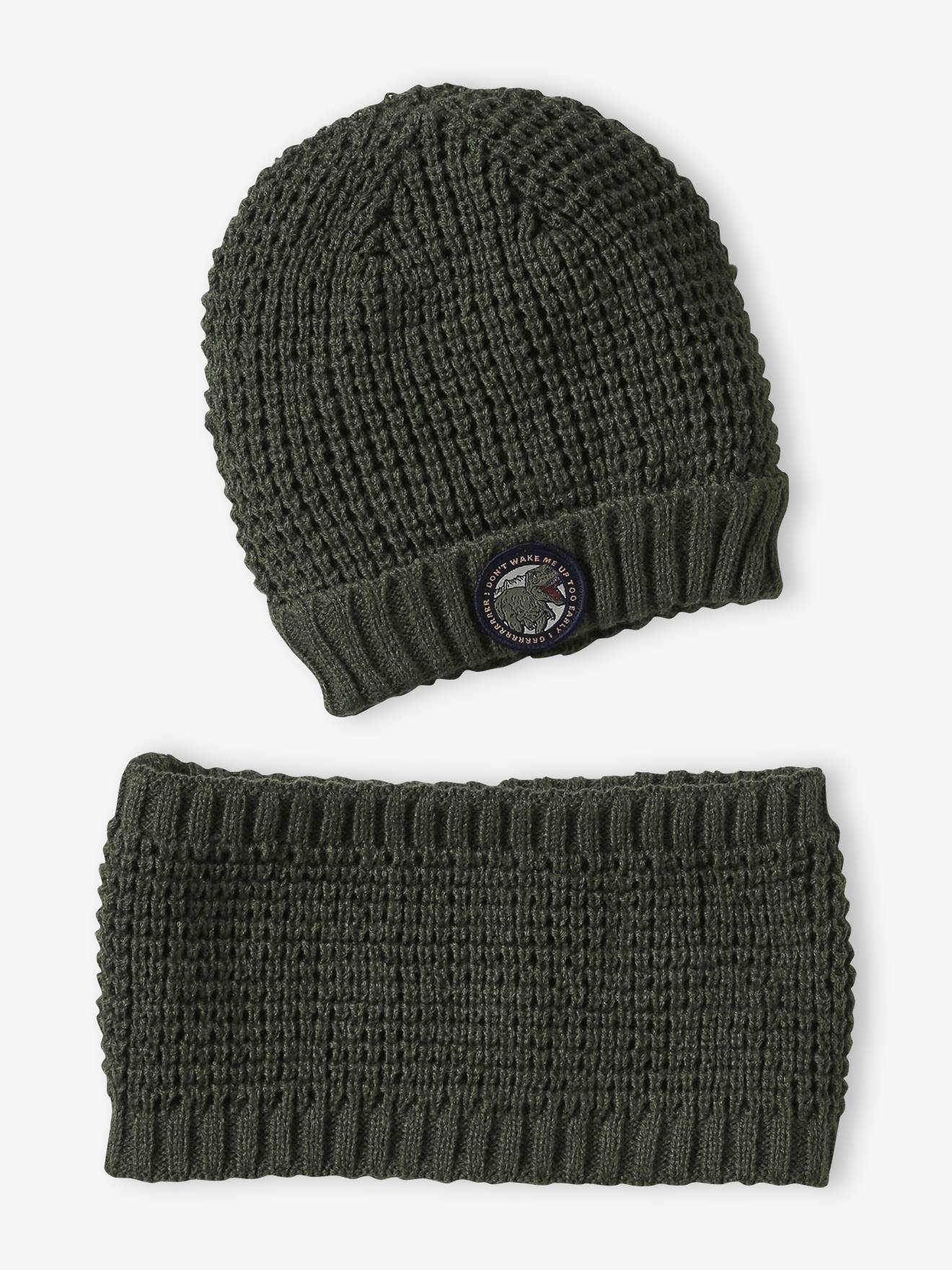 Ensemble bonnet badge dinosaure + snood garçon kaki