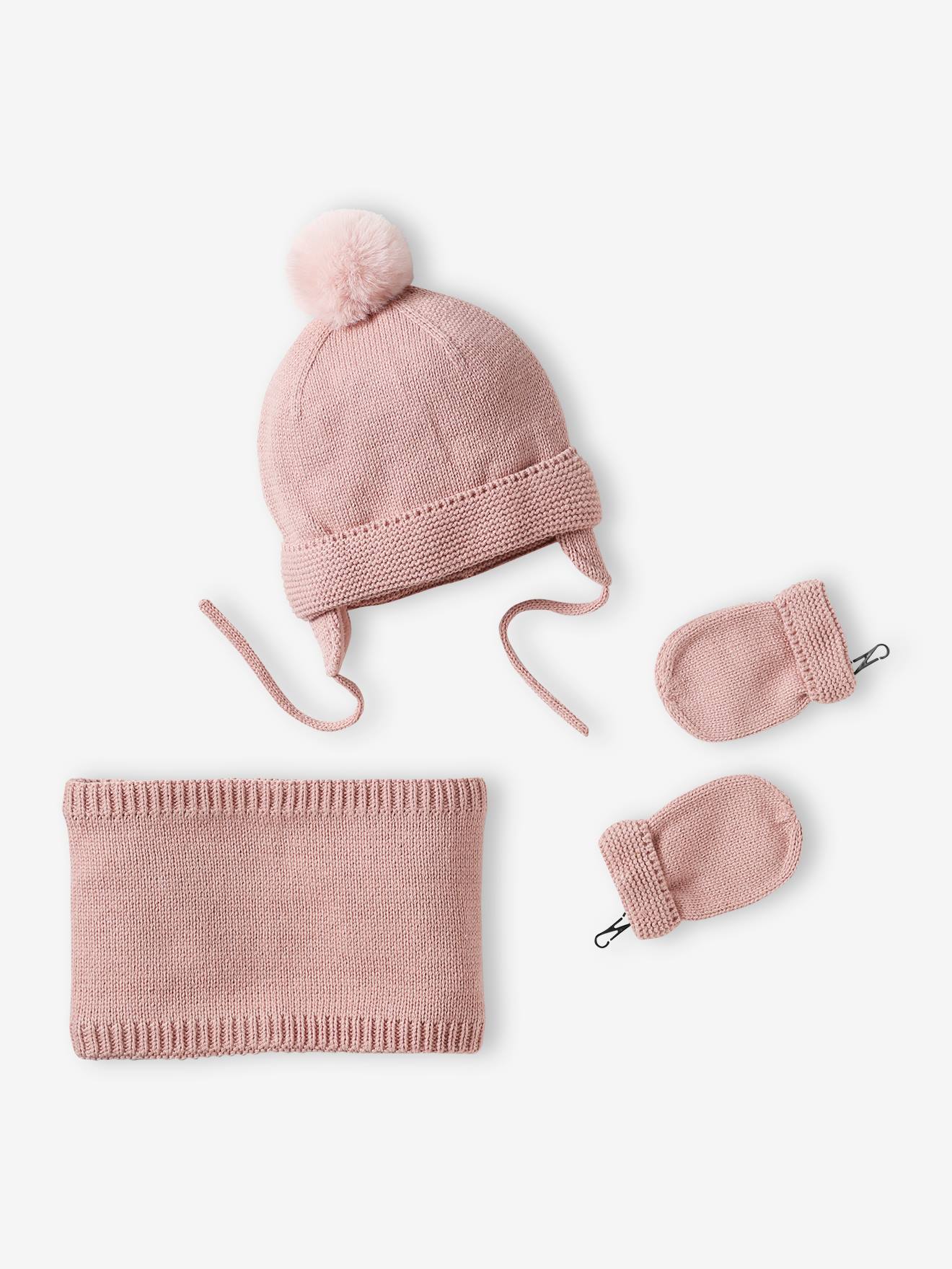 Ensemble bébé fille bonnet + snood + moufles rose poudré