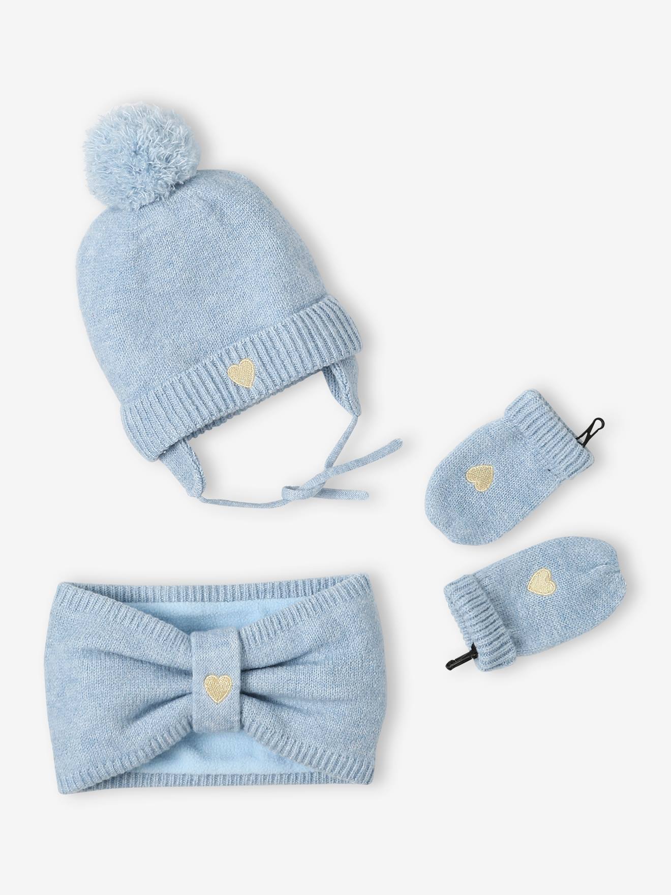 Ensemble bonnet + snood + moufles coeur bébé fille bleu glacier