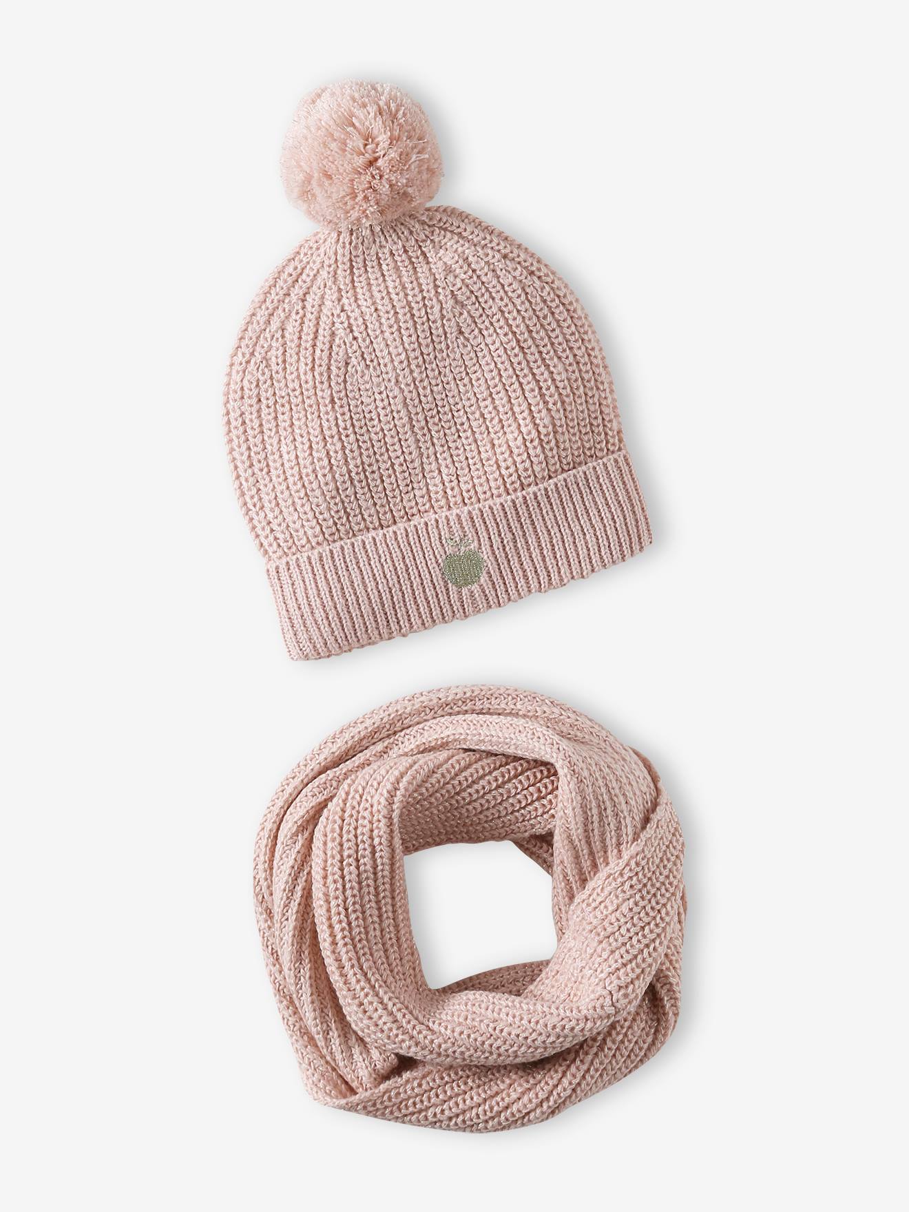 Ensemble bonnet et snood Fille rose pâle