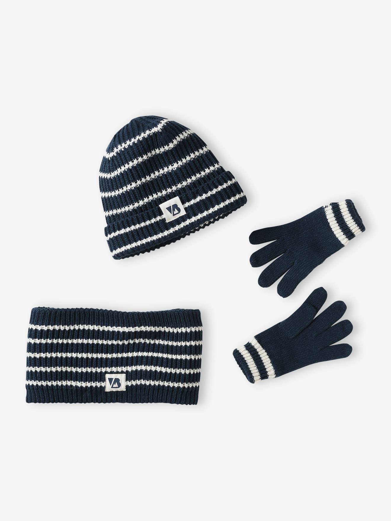 Ensemble bonnet + snood + gants marin garçon encre