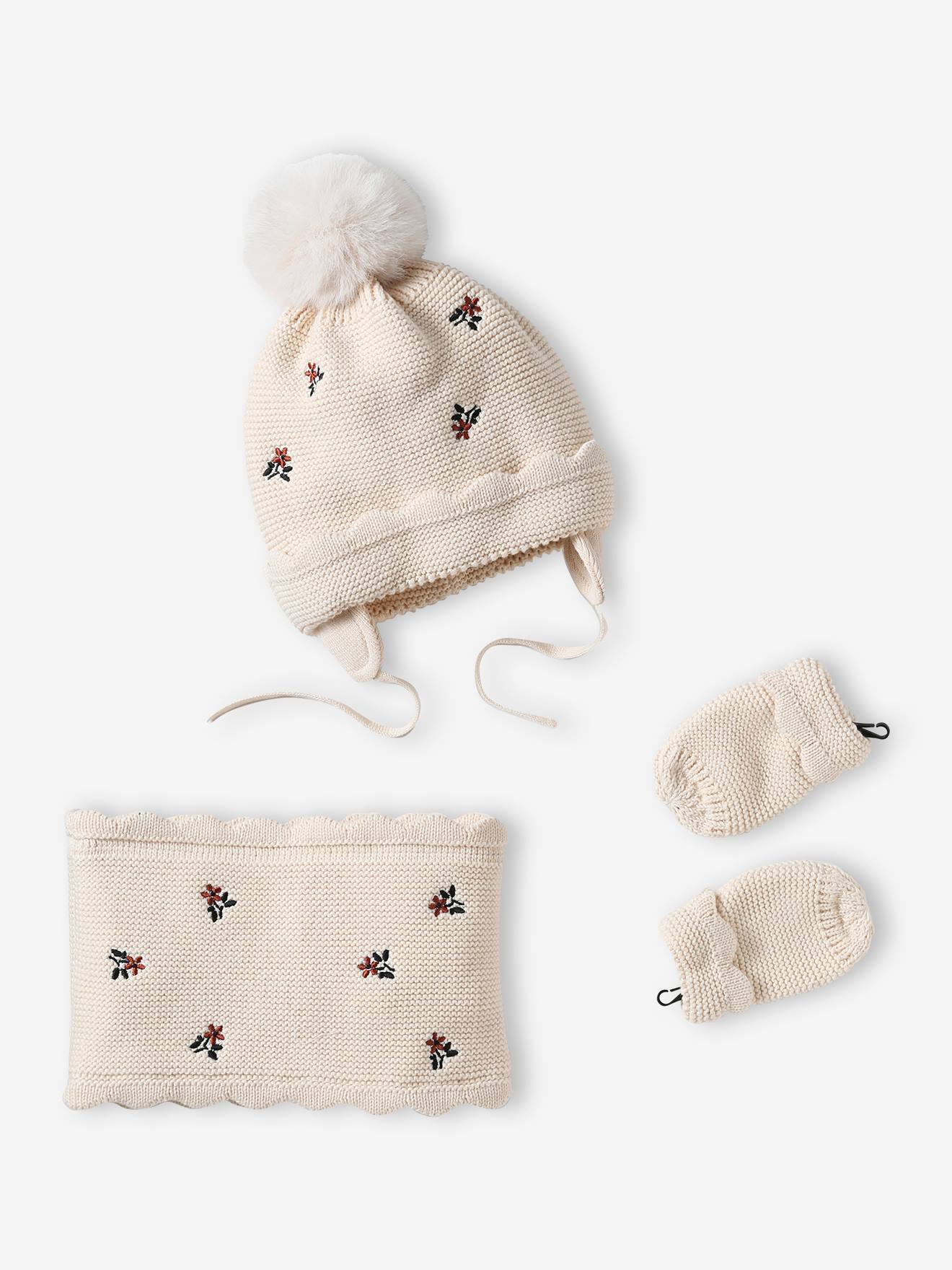 Ensemble bonnet + snood + moufles bébé fille beige poudré