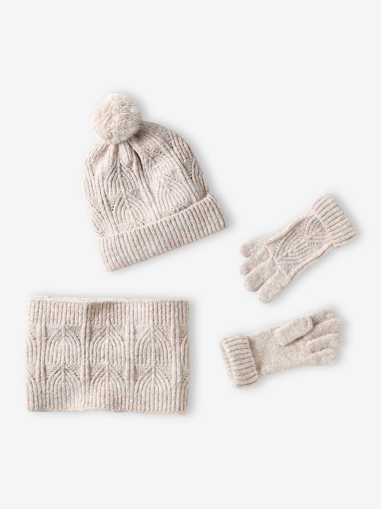 Ensemble fille bonnet, snood, gants en maille fantaisie écru